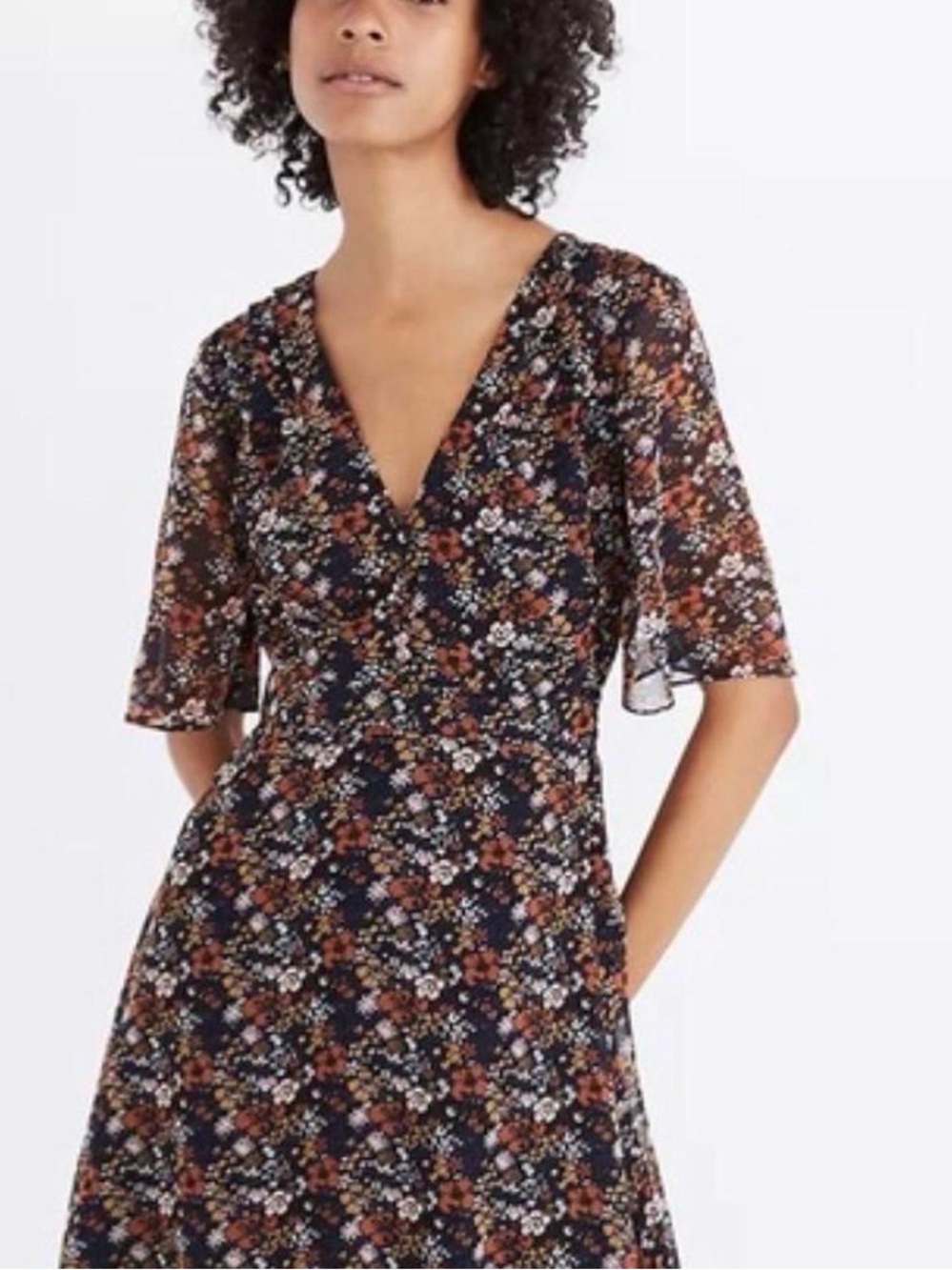Madewell Navy Floral V-Neck Midi Dress with Rust and Cream Accents